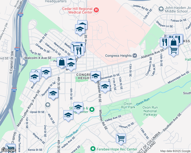 map of restaurants, bars, coffee shops, grocery stores, and more near 3221 Wheeler Road Southeast in Washington