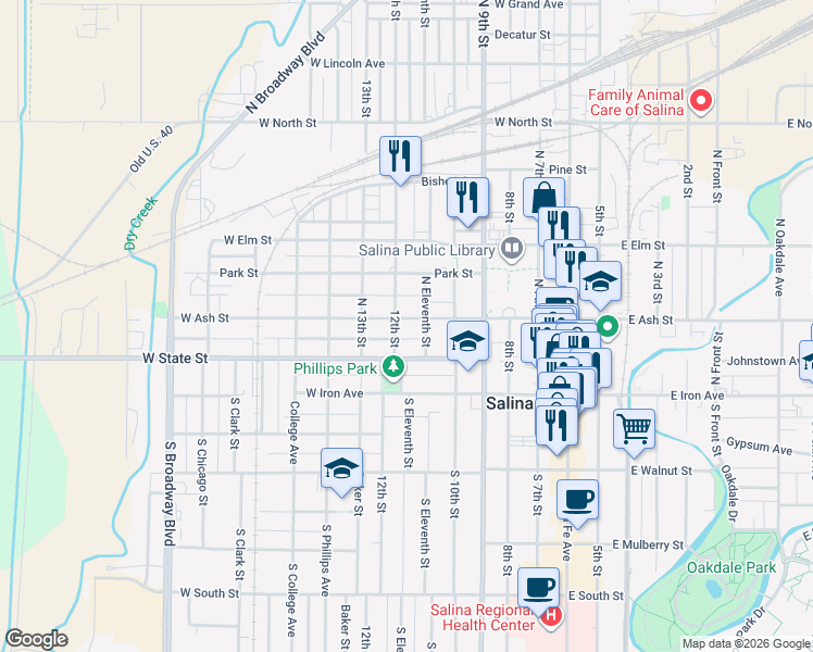map of restaurants, bars, coffee shops, grocery stores, and more near 613 West Ash Street in Salina