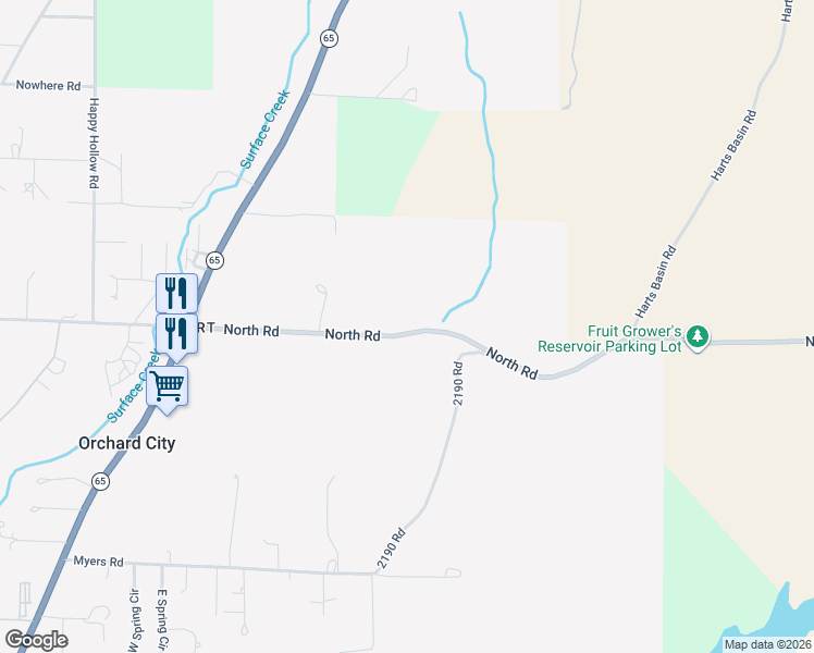 map of restaurants, bars, coffee shops, grocery stores, and more near 21753-21841 North Road in Orchard City
