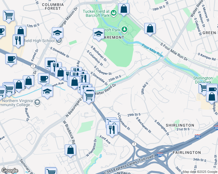 map of restaurants, bars, coffee shops, grocery stores, and more near South Walter Reed Drive & South Dinwiddie Street in Arlington