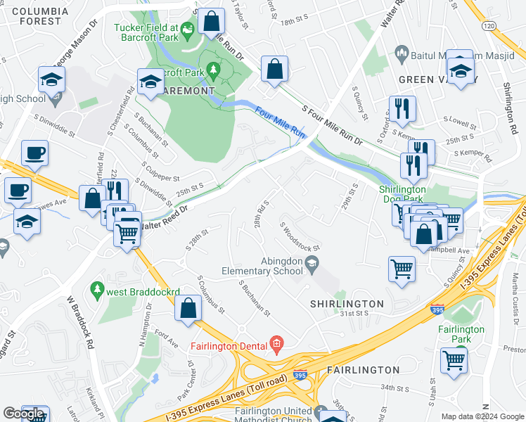 map of restaurants, bars, coffee shops, grocery stores, and more near 4642 28th Road South in Arlington