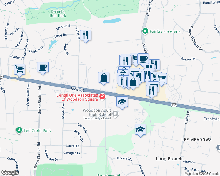 map of restaurants, bars, coffee shops, grocery stores, and more near 3991 Bradwater Street in Fairfax