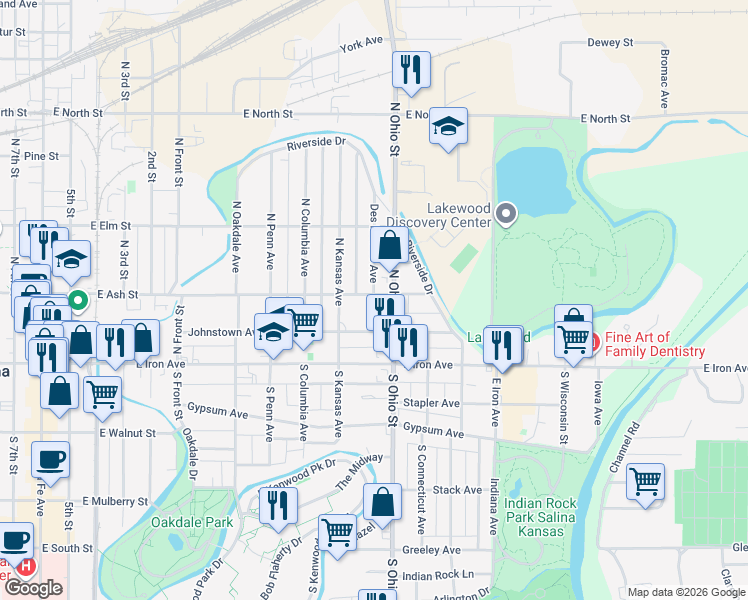 map of restaurants, bars, coffee shops, grocery stores, and more near 1030 East Ash Street in Salina