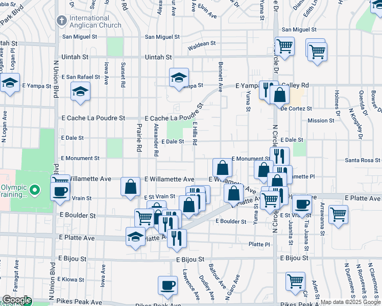 map of restaurants, bars, coffee shops, grocery stores, and more near 705 East Hills Road in Colorado Springs