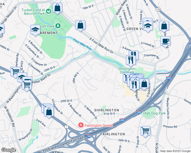 map of restaurants, bars, coffee shops, grocery stores, and more near 2544 South Arlington Mill Drive in Arlington