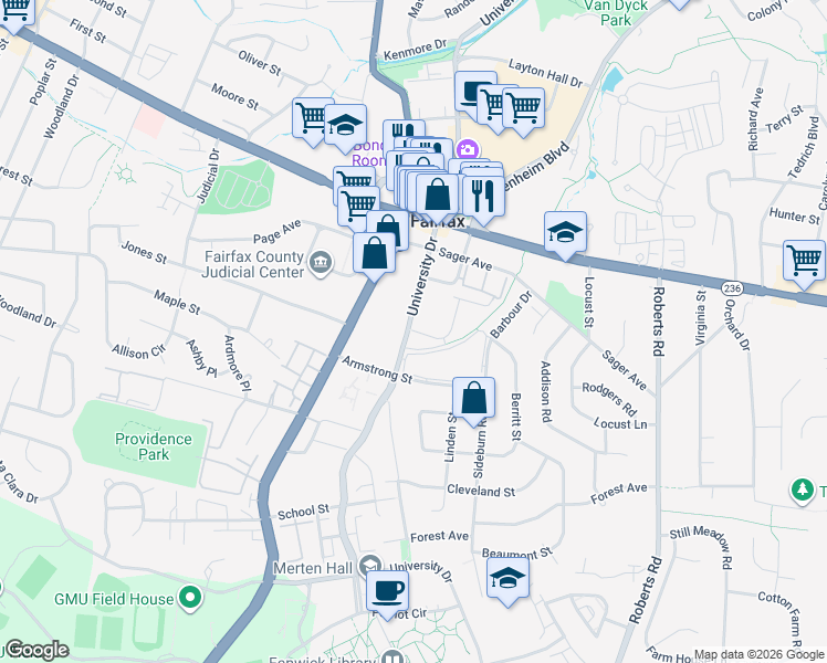 map of restaurants, bars, coffee shops, grocery stores, and more near 10412 Breckinridge Lane in Fairfax