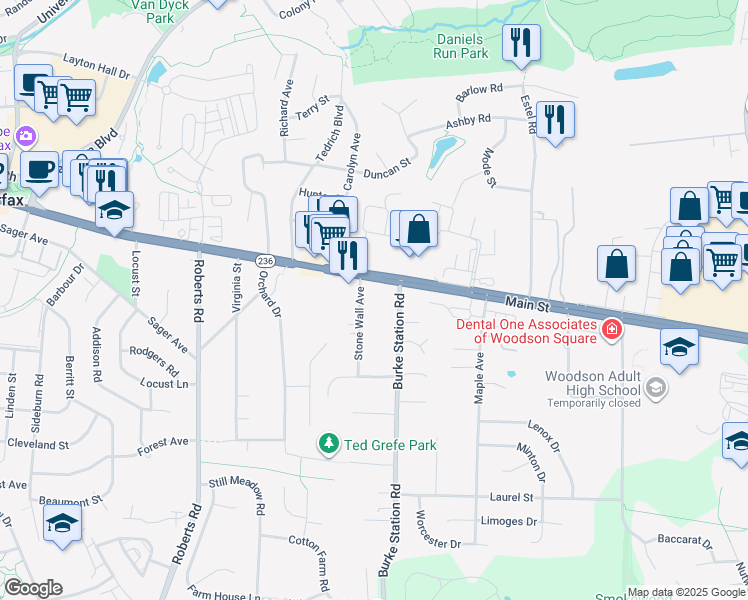 map of restaurants, bars, coffee shops, grocery stores, and more near 9919 Virginia 236 in Fairfax