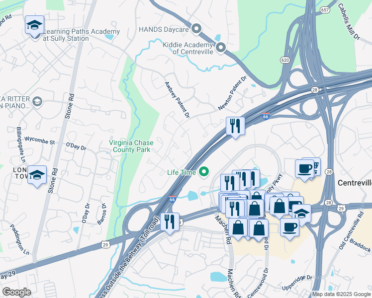 map of restaurants, bars, coffee shops, grocery stores, and more near 14300 Johnny Moore Court in Centreville