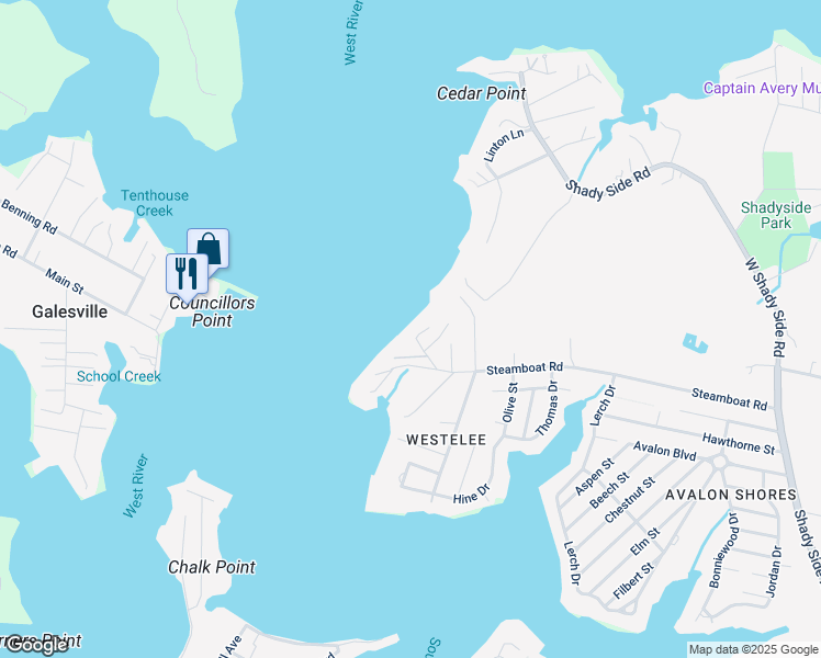 map of restaurants, bars, coffee shops, grocery stores, and more near 1100 Steamboat Road in Shady Side