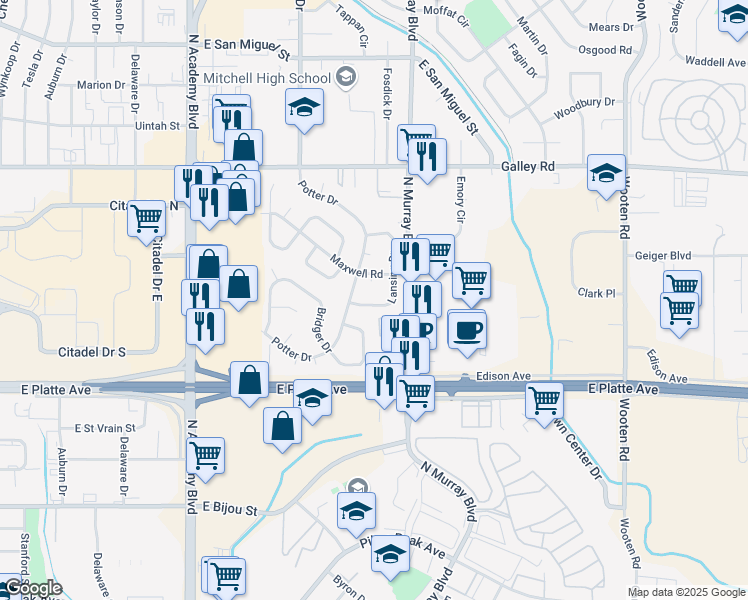 map of restaurants, bars, coffee shops, grocery stores, and more near 616 Lansing Drive in Colorado Springs