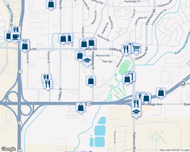 map of restaurants, bars, coffee shops, grocery stores, and more near 733 Hathaway Drive in Colorado Springs
