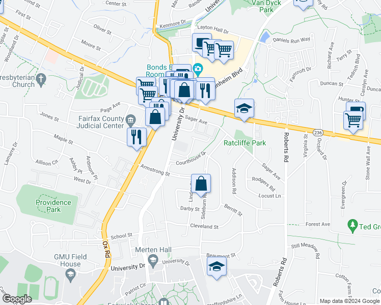 map of restaurants, bars, coffee shops, grocery stores, and more near Breckinridge Lane in Fairfax