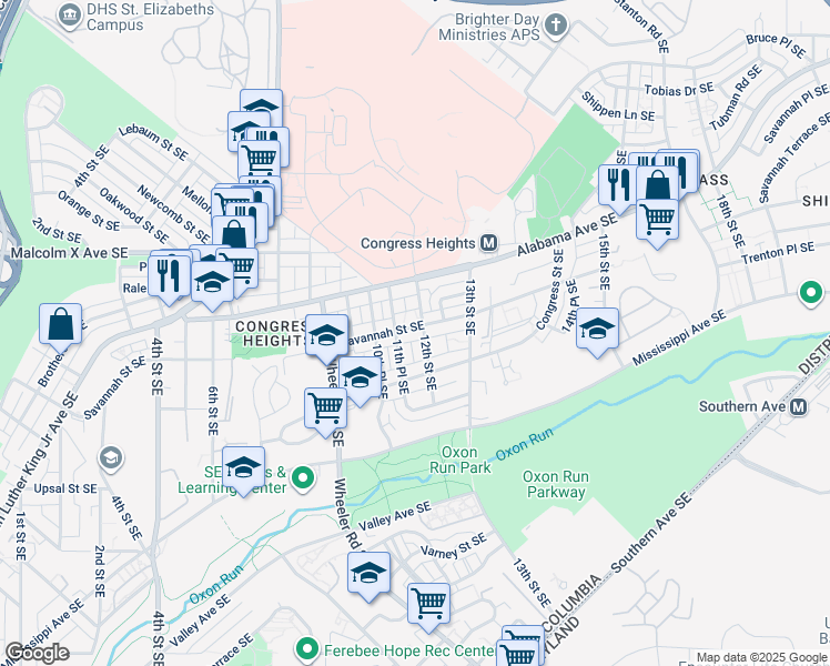 map of restaurants, bars, coffee shops, grocery stores, and more near 1115 Savannah Street Southeast in Washington