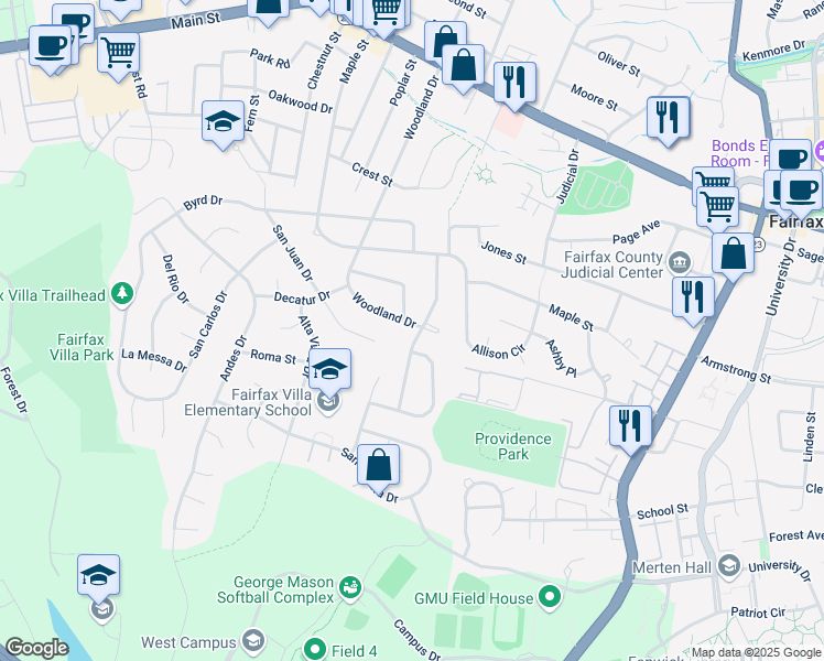 map of restaurants, bars, coffee shops, grocery stores, and more near 10809 Woodland Drive in Fairfax