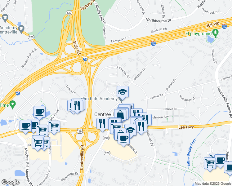 map of restaurants, bars, coffee shops, grocery stores, and more near 5673 General Johnston Place in Centreville
