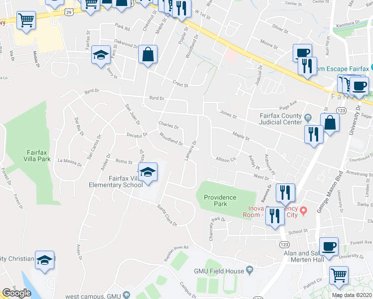 map of restaurants, bars, coffee shops, grocery stores, and more near 10809 Woodland Drive in Fairfax