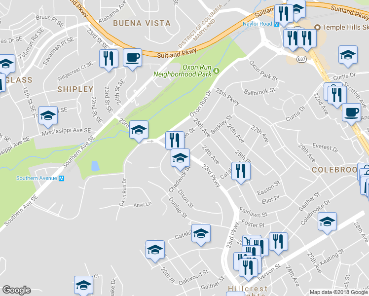 map of restaurants, bars, coffee shops, grocery stores, and more near 3412 23rd Pkwy in Temple Hills