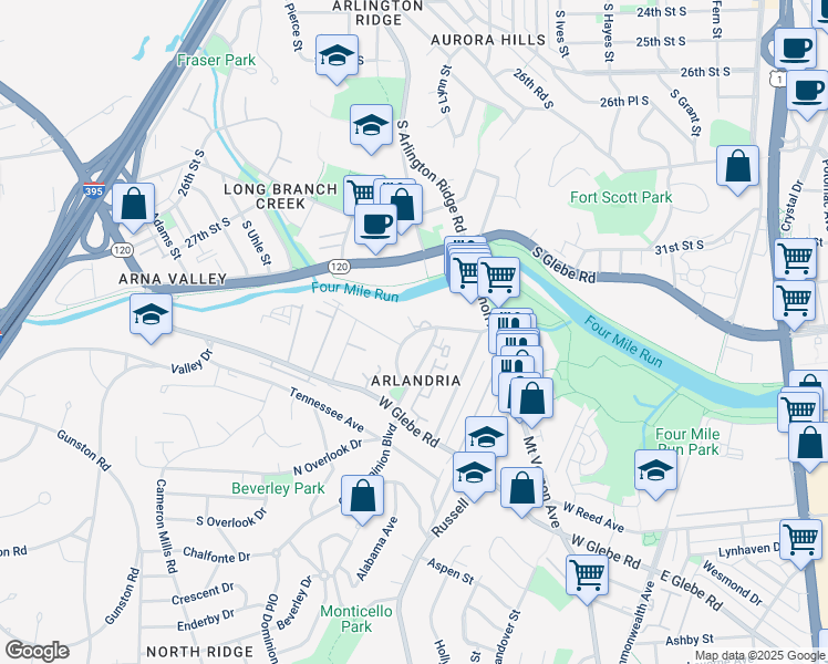 map of restaurants, bars, coffee shops, grocery stores, and more near 4 Mile Road in Alexandria