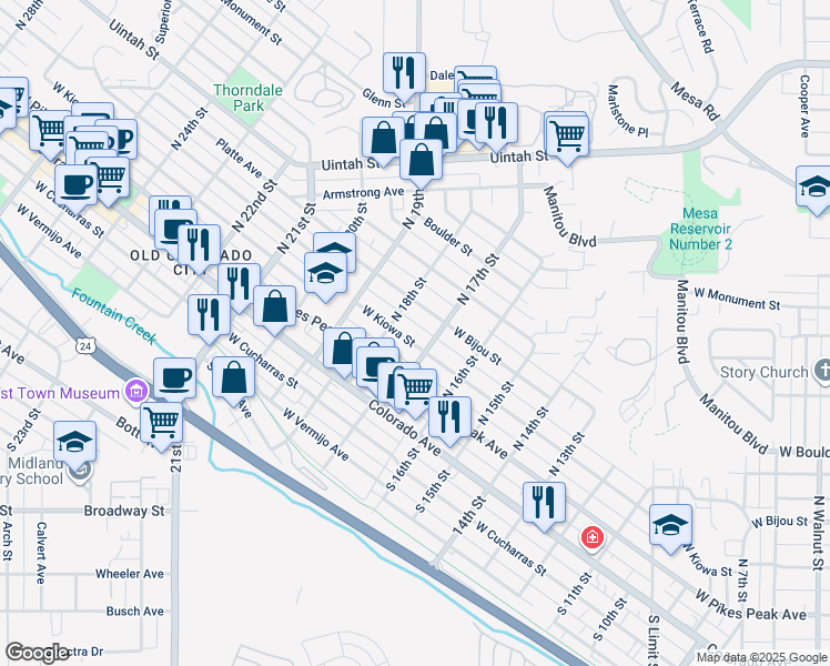 map of restaurants, bars, coffee shops, grocery stores, and more near 1716 West Kiowa Street in Colorado Springs