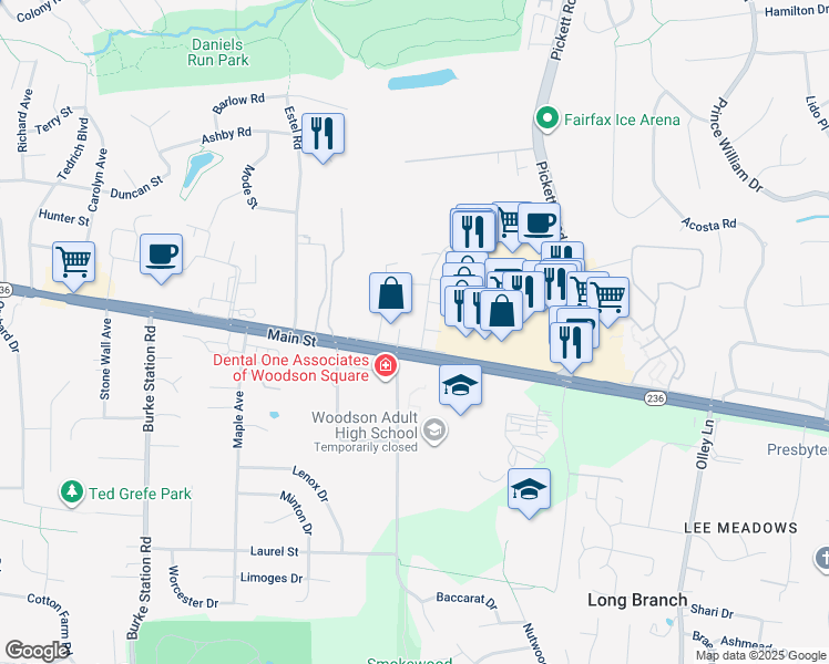 map of restaurants, bars, coffee shops, grocery stores, and more near 3989 Bradwater Street in Fairfax