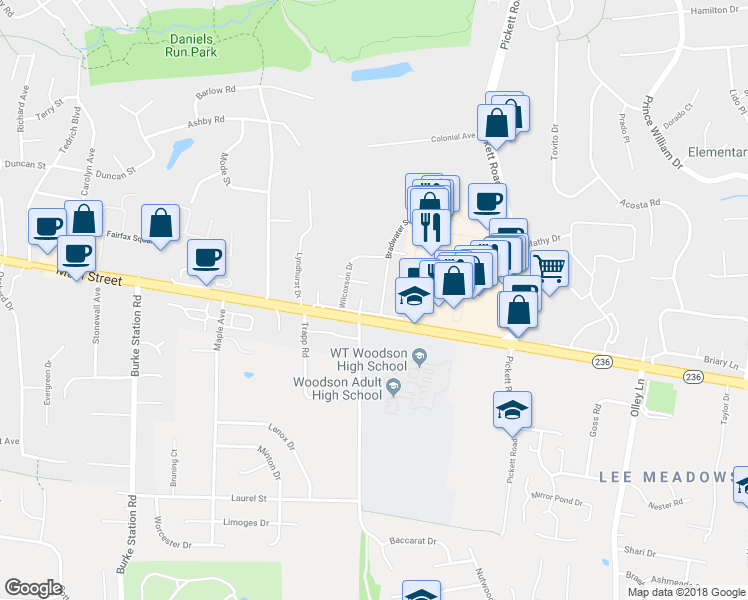 map of restaurants, bars, coffee shops, grocery stores, and more near 3989 Bradwater Street in Fairfax
