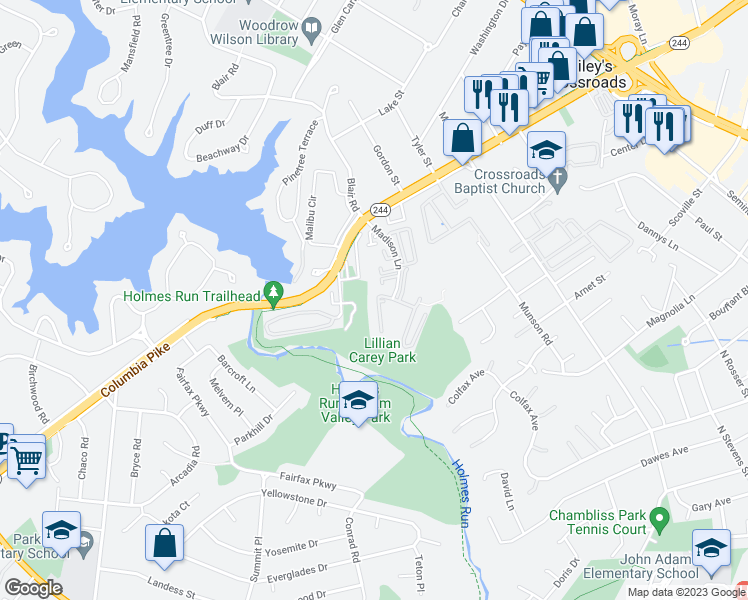 map of restaurants, bars, coffee shops, grocery stores, and more near 3752 Madison Lane in Falls Church