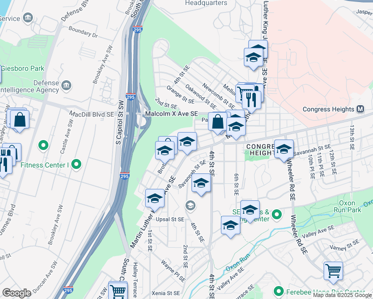 map of restaurants, bars, coffee shops, grocery stores, and more near 3325 Martin Luther King Junior Avenue Southeast in Washington