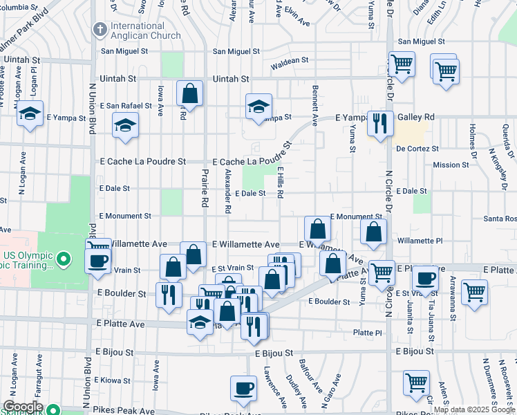 map of restaurants, bars, coffee shops, grocery stores, and more near 704 Ralston Court in Colorado Springs