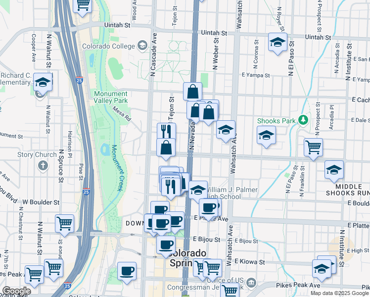 map of restaurants, bars, coffee shops, grocery stores, and more near 132 East Willamette Avenue in Colorado Springs