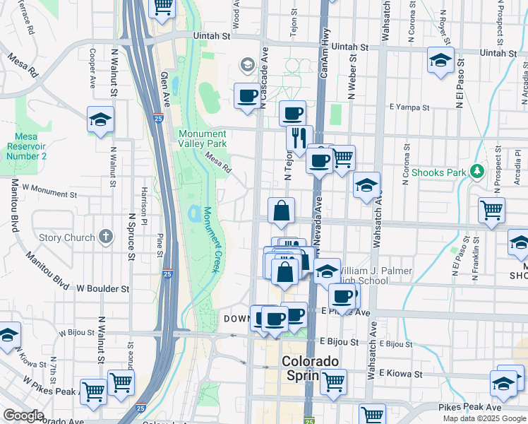 map of restaurants, bars, coffee shops, grocery stores, and more near 601 North Cascade Avenue in Colorado Springs