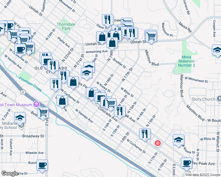 map of restaurants, bars, coffee shops, grocery stores, and more near 1716 West Kiowa Street in Colorado Springs