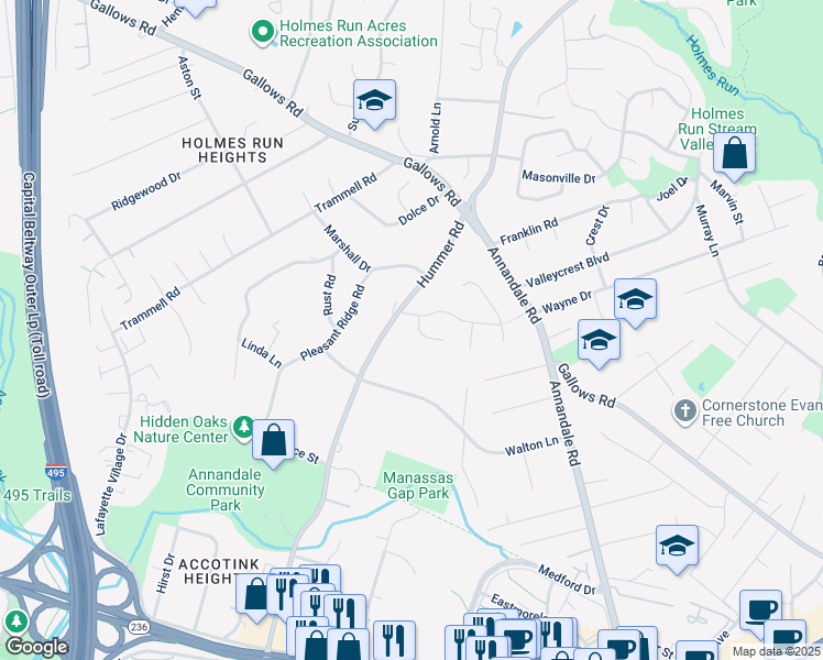 map of restaurants, bars, coffee shops, grocery stores, and more near 7513 Ramblewood Court in Annandale