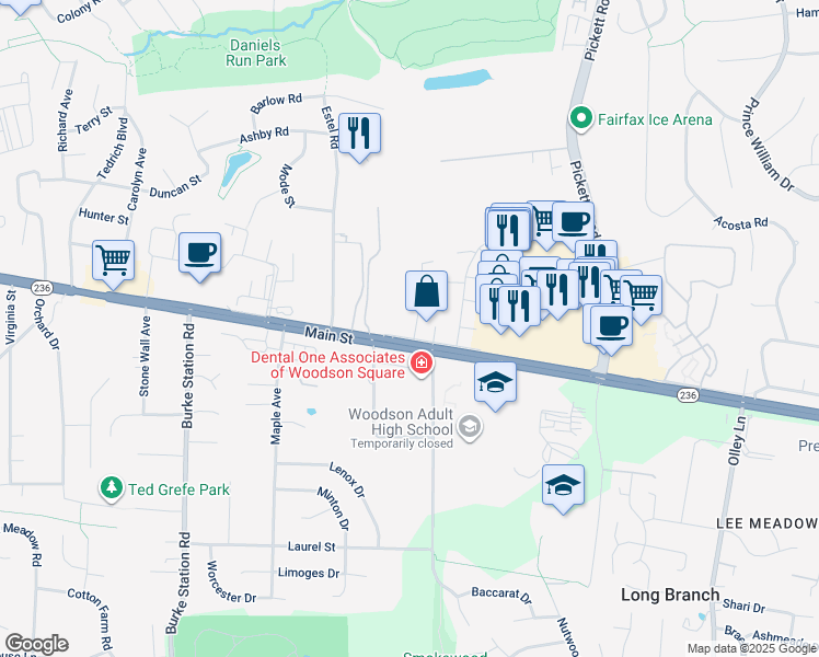 map of restaurants, bars, coffee shops, grocery stores, and more near 3995 Wilcoxson Drive in Fairfax