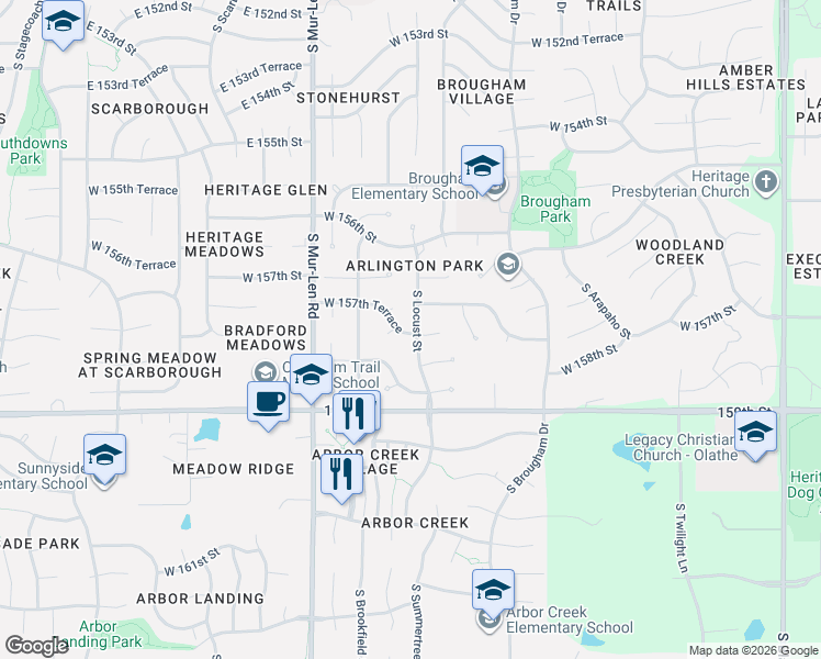 map of restaurants, bars, coffee shops, grocery stores, and more near 16401 West 157th Terrace in Olathe