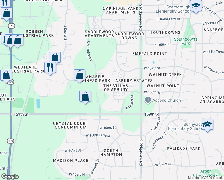 map of restaurants, bars, coffee shops, grocery stores, and more near 15756 South Sunset Drive in Olathe