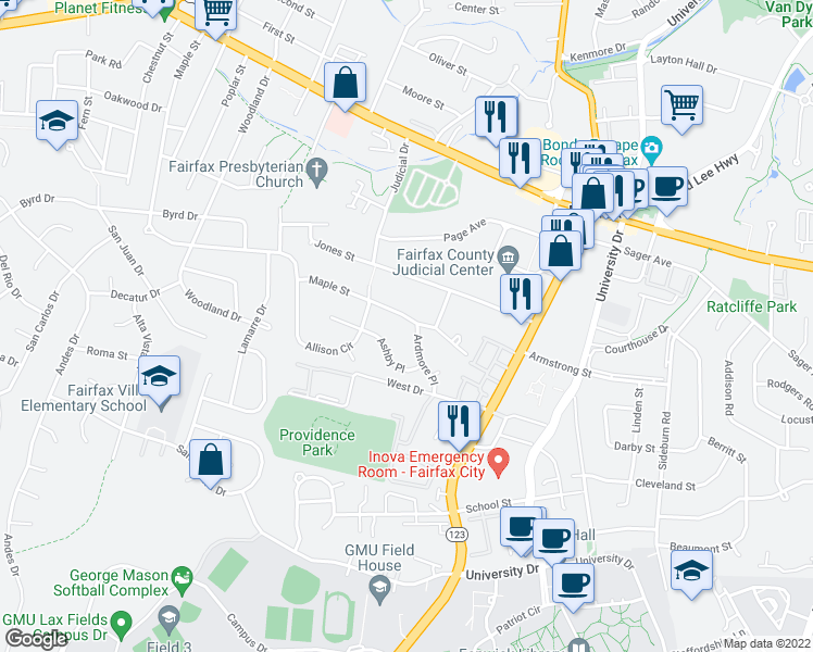 map of restaurants, bars, coffee shops, grocery stores, and more near 4201 Ardmore Place in Fairfax