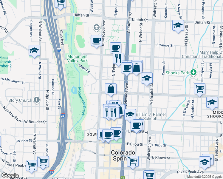 map of restaurants, bars, coffee shops, grocery stores, and more near 604 North Tejon Street in Colorado Springs