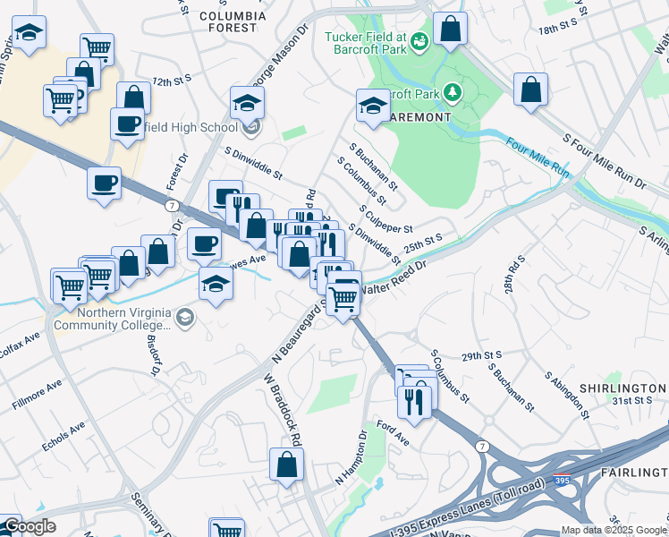 map of restaurants, bars, coffee shops, grocery stores, and more near 5029 23rd Street South in Arlington