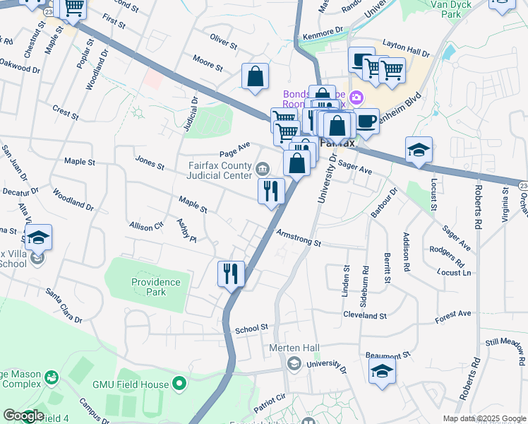 map of restaurants, bars, coffee shops, grocery stores, and more near 10505 Judicial Drive in Fairfax