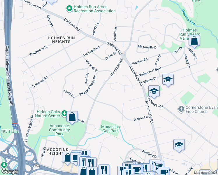 map of restaurants, bars, coffee shops, grocery stores, and more near 7513 Ramblewood Court in Annandale