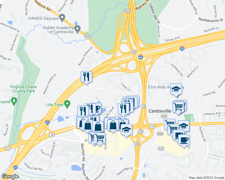 map of restaurants, bars, coffee shops, grocery stores, and more near 5738 Wood Meadow Way in Centreville