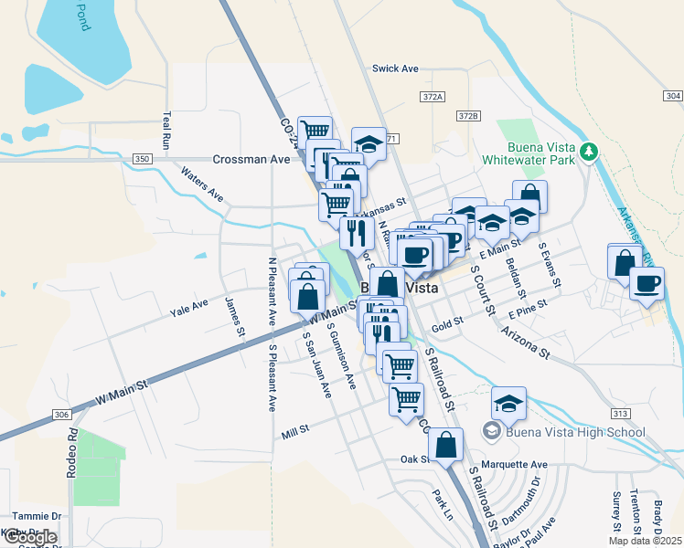 map of restaurants, bars, coffee shops, grocery stores, and more near 220 US Highway 24 North in Buena Vista
