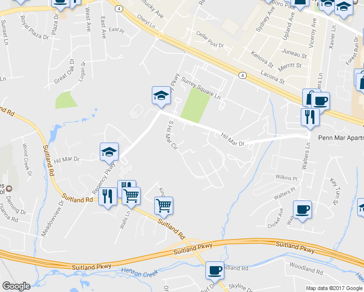 map of restaurants, bars, coffee shops, grocery stores, and more near 5952 South Hil Mar Circle in District Heights
