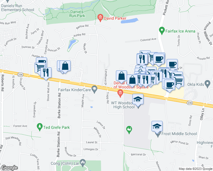 map of restaurants, bars, coffee shops, grocery stores, and more near 3975 Lyndhurst Drive in Fairfax