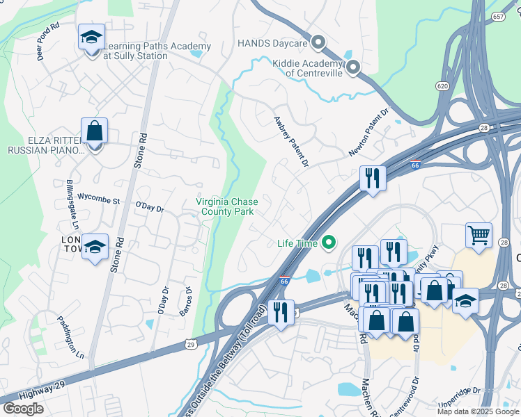 map of restaurants, bars, coffee shops, grocery stores, and more near 14422 Manassas Gap Court in Centreville