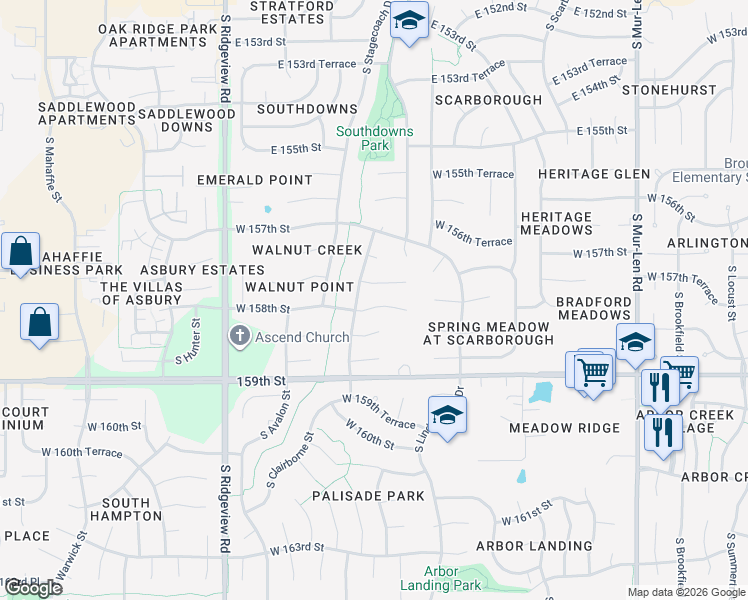 map of restaurants, bars, coffee shops, grocery stores, and more near 17554 West 158th Street in Olathe