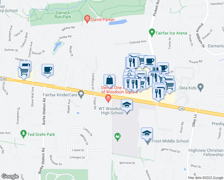 map of restaurants, bars, coffee shops, grocery stores, and more near 10570 Main Street in Fairfax
