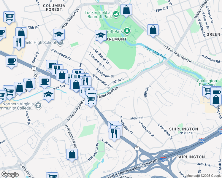 map of restaurants, bars, coffee shops, grocery stores, and more near 2620 South Walter Reed Drive in Arlington