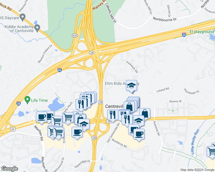 map of restaurants, bars, coffee shops, grocery stores, and more near 5624 Willoughby Newton Drive in Centreville