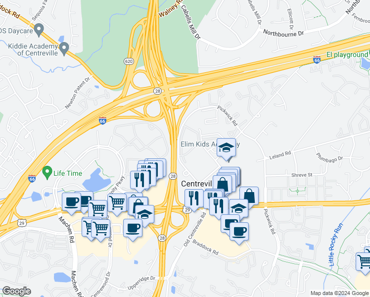 map of restaurants, bars, coffee shops, grocery stores, and more near 5628 Willoughby Newton Drive in Centreville